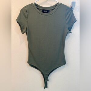 Cider Green Bodysuit with Crew Neck and Cap Sleeves